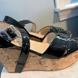 Prada Glossy Black Wedges with Cork Heel